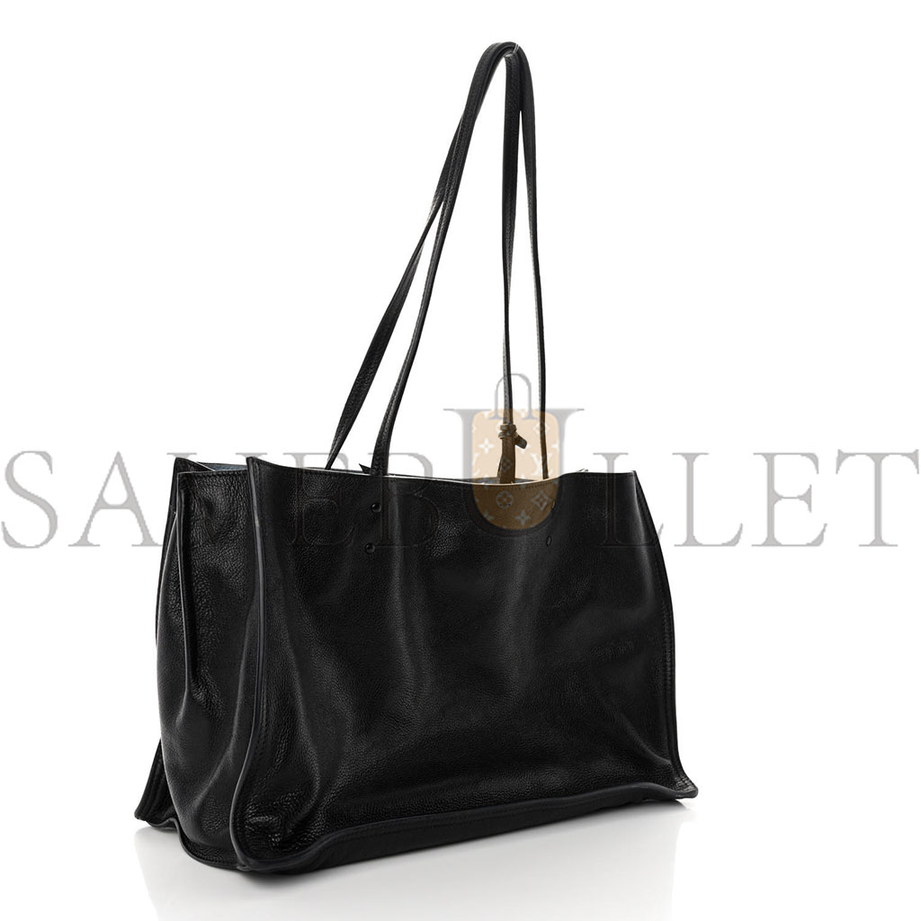 Pra*a glace calfskin etiquette shopping bag black astrale (33*22*16cm)