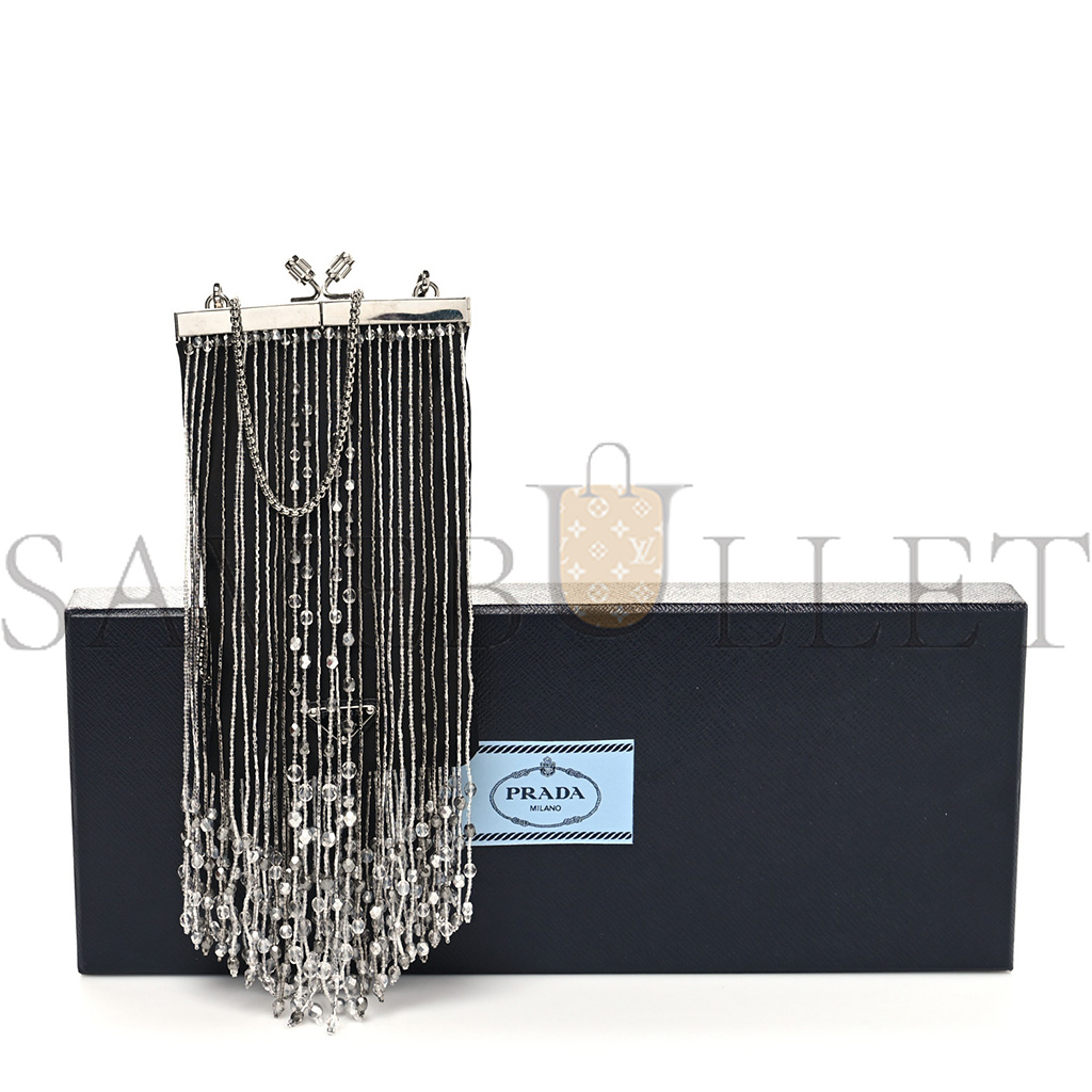 Pra*a nylon beaded fringe flat chain clutch black (20*11*1cm)