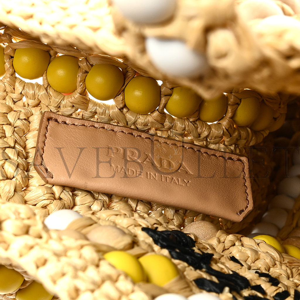 Pra*a raffia embroidered wood beaded logo tote bag tan (25*20*6cm)