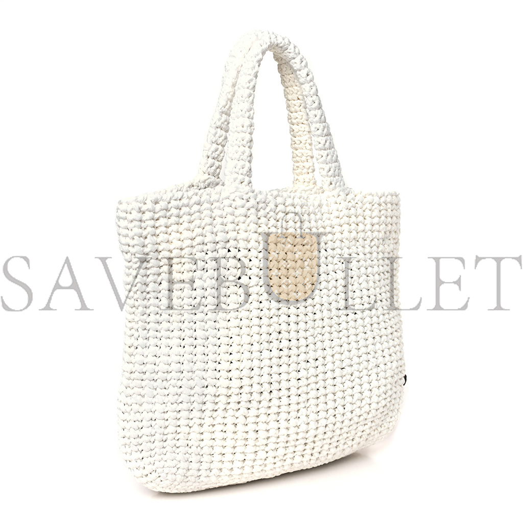 Pra*a yarn raffia effect crochet embroidered small logo tote white (25*23*8cm)