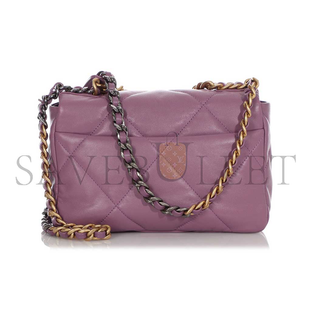 Ch*el purple quilted chÈvre medium 19 bag gold, ruthenium, and silver hardware as1160 (26*16*9cm)