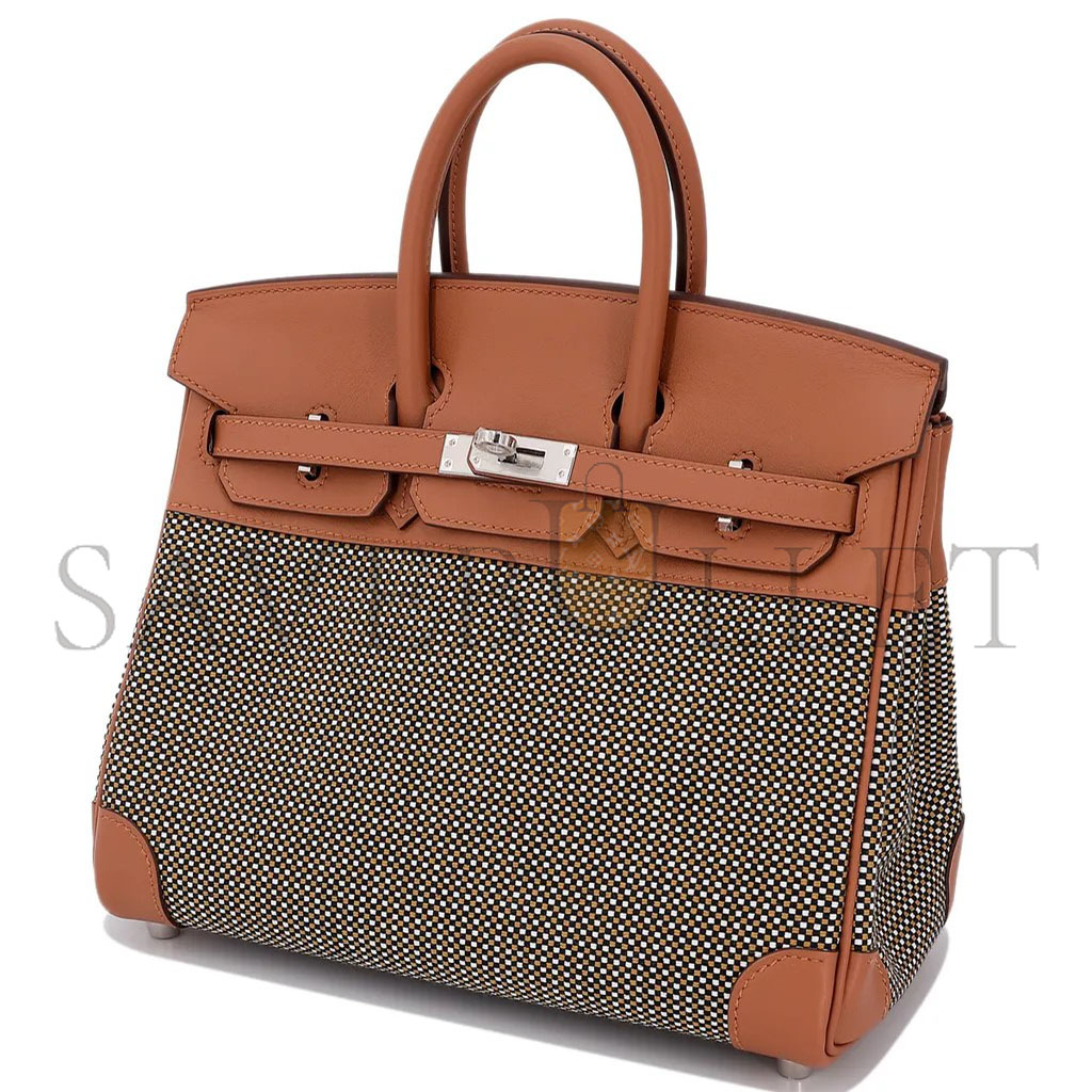 H**mes master birkin 25 quadrille brown canvas leather silver buckle platinum bag 10093061 (25*20*13cm)