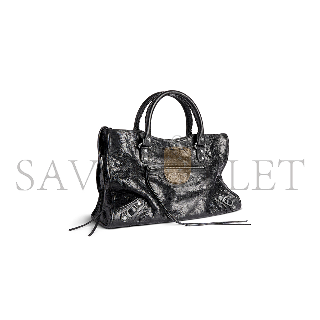 Ba*len*cia*ga le city medium bag in black arena lambskin, shiny silver hardware 7977862aa9s1000 (29.9*19.1*9.9cm)
