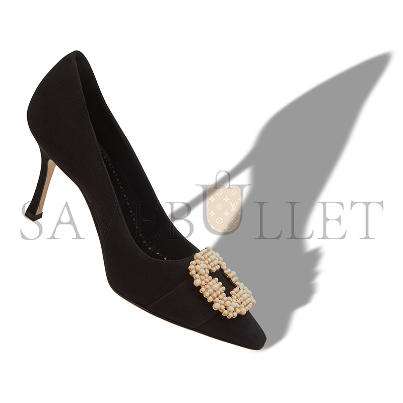MANOLO BLAHNIK GIBOAUS BLACK SUEDE PEARL BUCKLE PUMPS 125-2895-0004