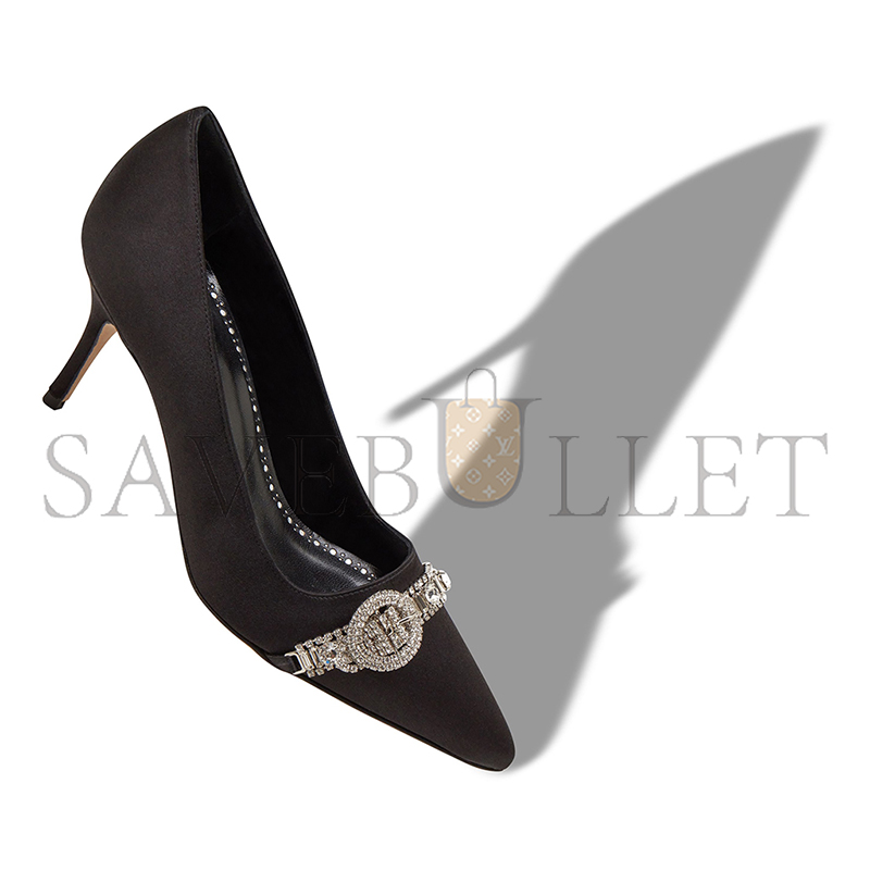 MANOLO BLAHNIK ASAPUMP BLACK SATIN JEWEL EMBELLISHED PUMPS 424-1928-0001