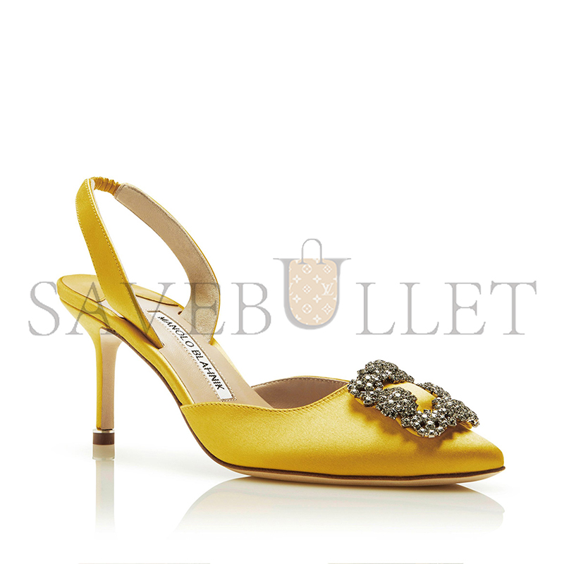 MANOLO BLAHNIK HANGISLI YELLOW SATIN JEWEL BUCKLE SLINGBACK PUMPS 419-0473-0013