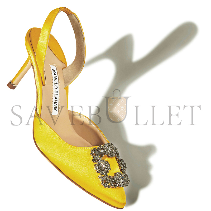 MANOLO BLAHNIK HANGISLI YELLOW SATIN JEWEL BUCKLE SLINGBACK PUMPS 419-0473-0013