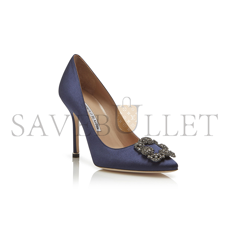 MANOLO BLAHNIK HANGISI NAVY BLUE SATIN JEWEL BUCKLE PUMPS 9XX-0664-0050