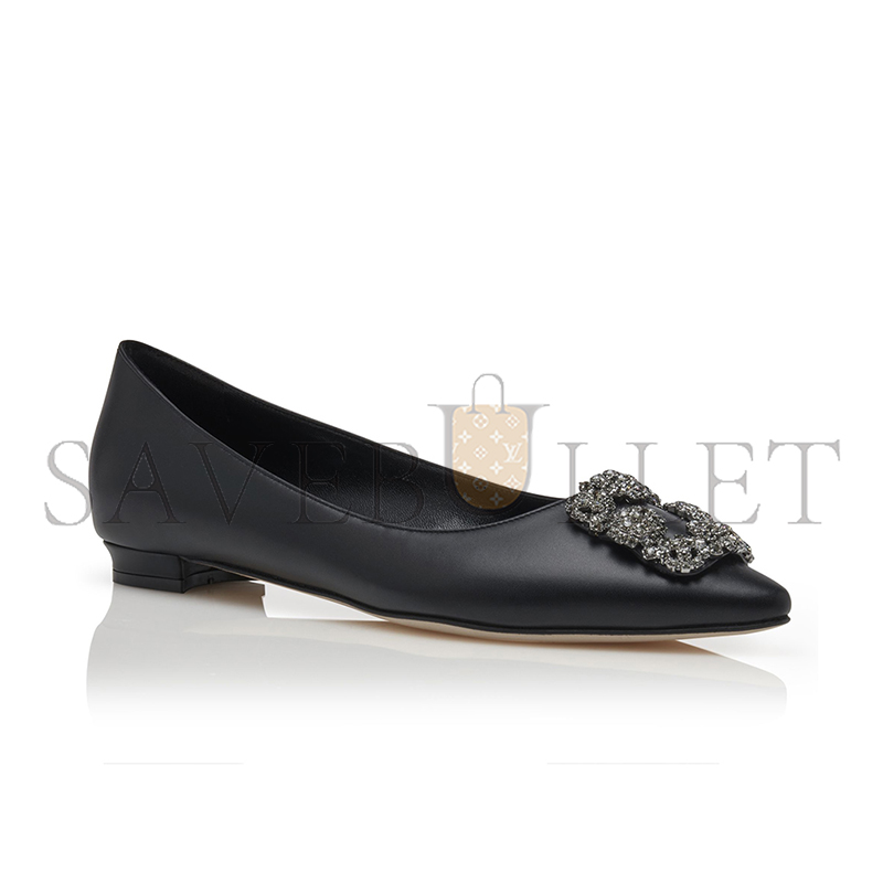MANOLO BLAHNIK HANGISIFLAT BLACK CALF LEATHER JEWEL BUCKLE FLAT PUMPS 121-1657-0001