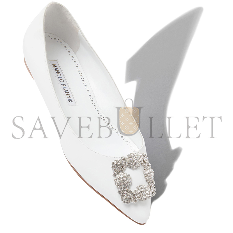 MANOLO BLAHNIK HANGISIFLATU WHITE CALF LEATHER JEWEL BUCKLE FLAT PUMPS 121-1438-0001