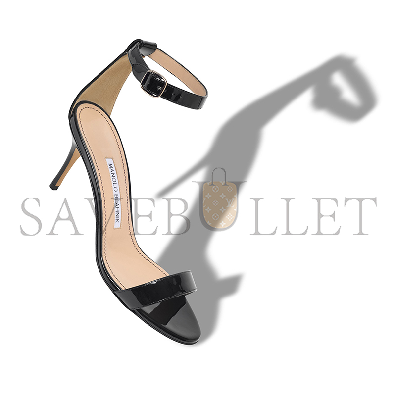 MANOLO BLAHNIK CHAOS BLACK PATENT LEATHER ANKLE STRAP SANDALS 9XX-0753-0012