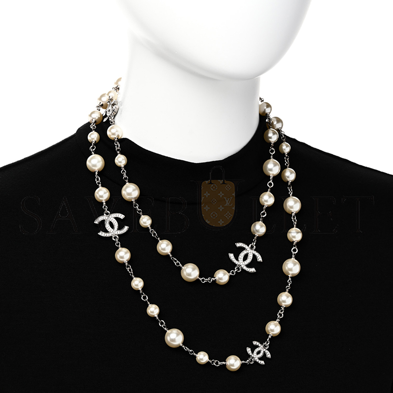 Ch*el graduated pearl crystal cc long necklace silver