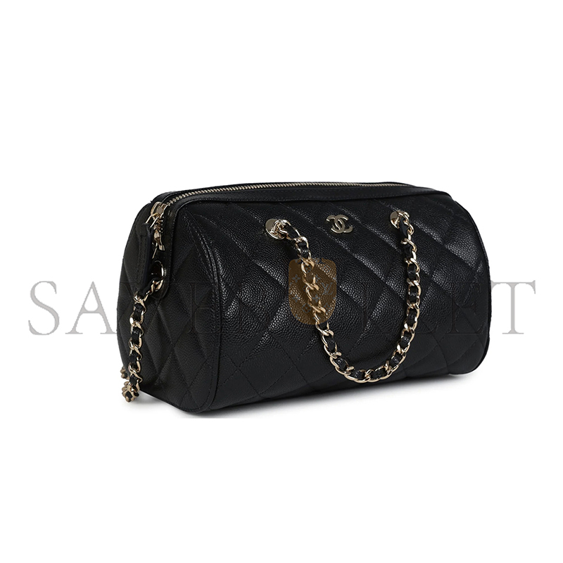 Ch*el mini timeless classic barrel bag with chain black shiny caviar light gold hardware as0932 (18*13*10cm)