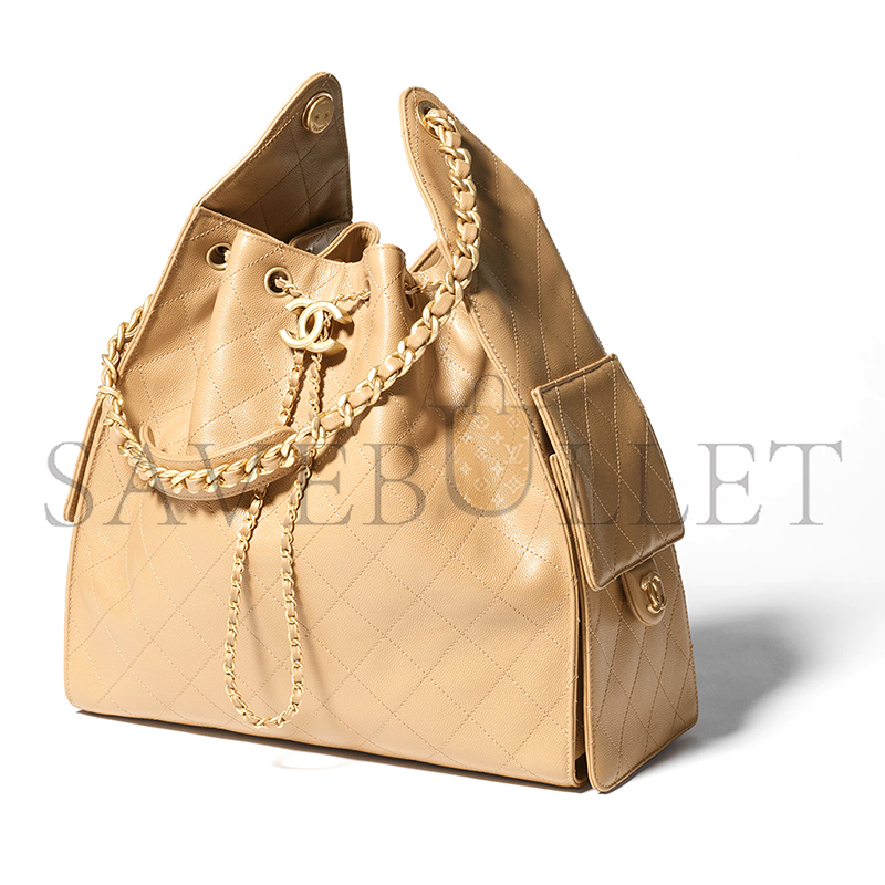 Ch*el master 25 medium handbag grained calfskin & gold-tone metal dark beige as5311 (40*30*15cm)