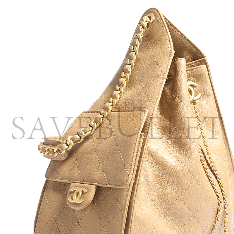 Ch*el master 25 medium handbag grained calfskin & gold-tone metal dark beige as5311 (40*30*15cm)