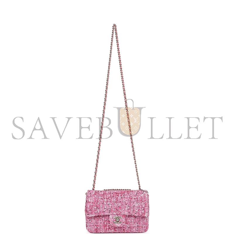 Ch*el mini classic rectangular flap bag pink tweed and sequin gold hardware 192410 (20*13*6cm)