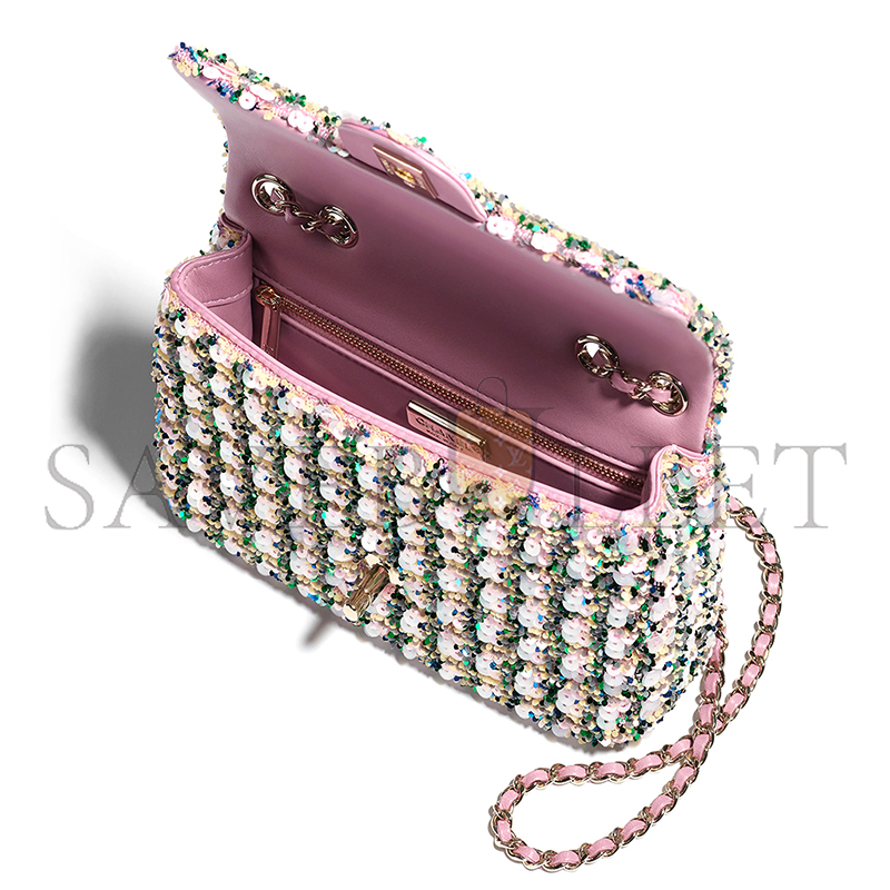 Ch*el flap bag sequins & gold-tone metal light pink, green & yellow as4561 (21*14*8cm)