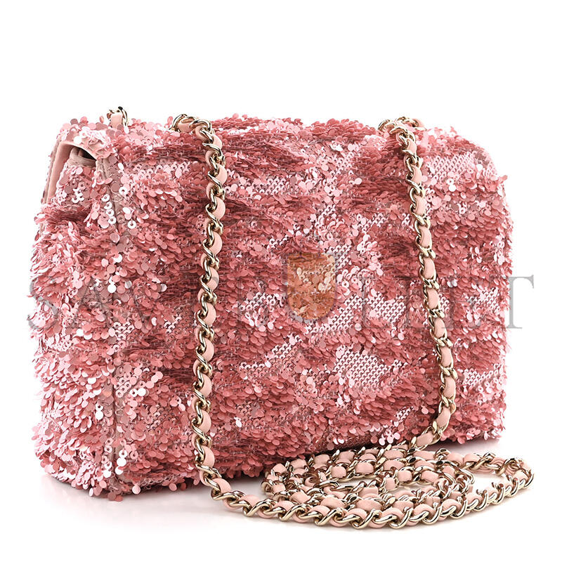 Ch*el flap bag sequins & gold-tone metal golden & pink as4561 (21*14*8cm)