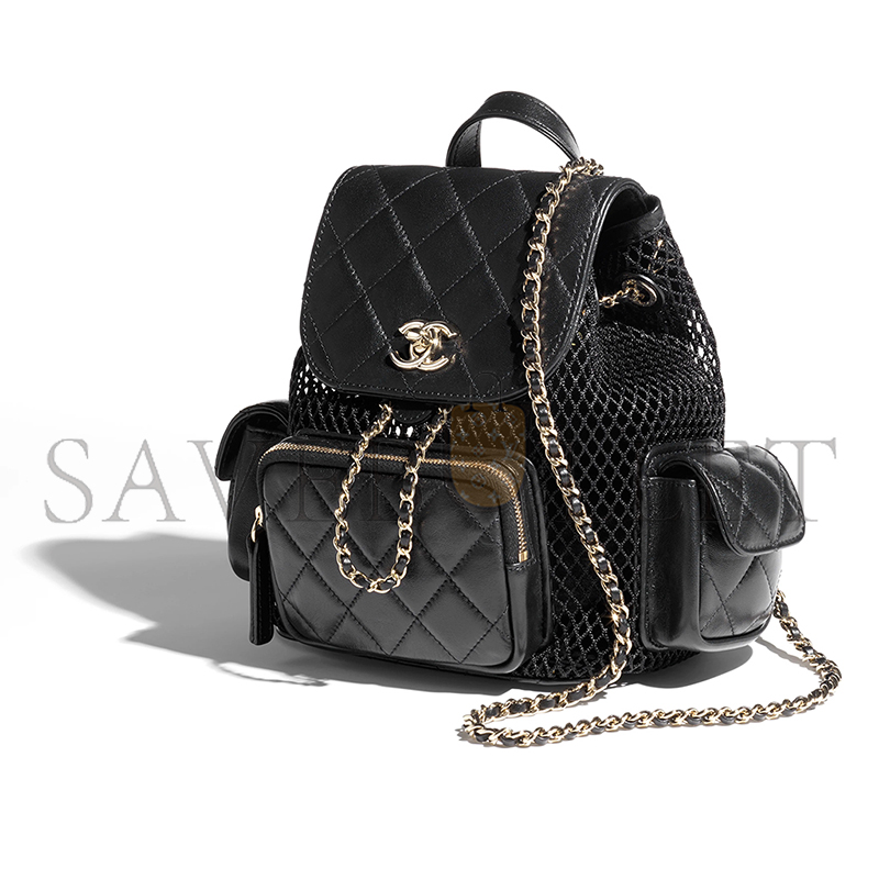 CHANE BACKPACK MESH, SHINY LAMBSKIN & GOLD-TONE METAL BLACK AS5484 (25*23*14cm)