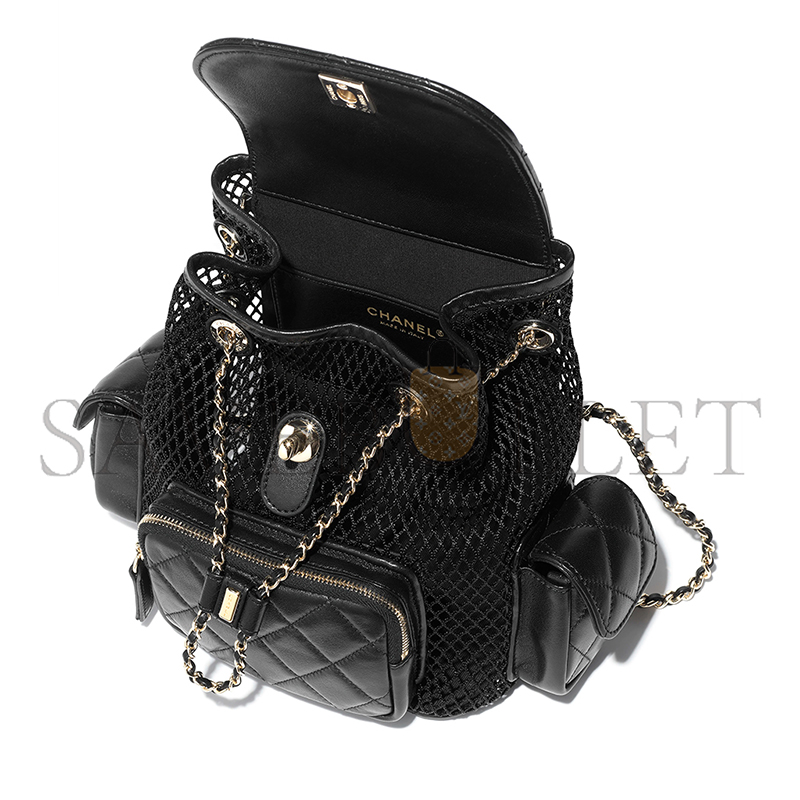 CHANE BACKPACK MESH, SHINY LAMBSKIN & GOLD-TONE METAL BLACK AS5484 (25*23*14cm)