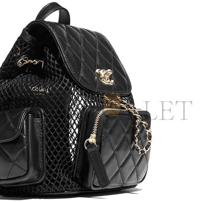 CHANE BACKPACK MESH, SHINY LAMBSKIN & GOLD-TONE METAL BLACK AS5484 (25*23*14cm)