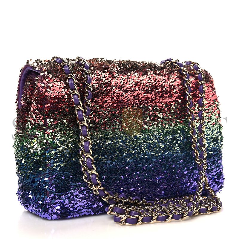 Ch*el gradient sequin mini rectangular flap purple multicolor 1515025 (21*14*8cm)