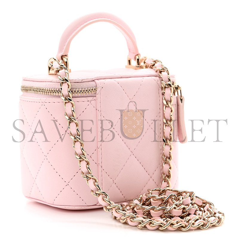 Ch*el lambskin quilted mini top handle vanity case with chain light pink 1334686 (10*9*7cm)