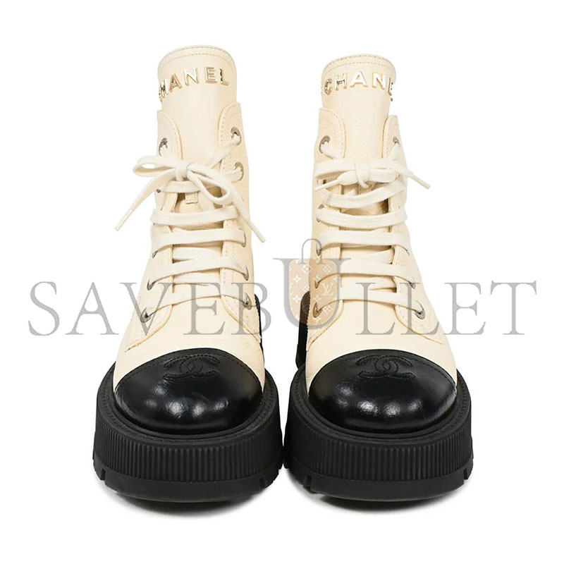 Ch*el cream and black leather cap-toe logo combat boots ws8385