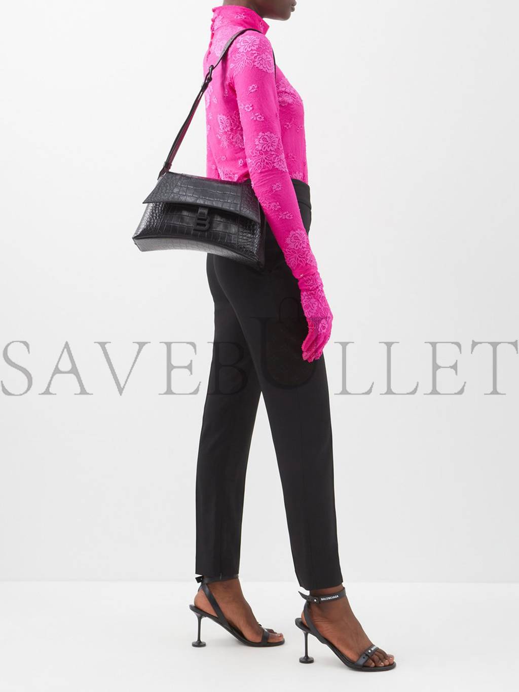 Ba*len*cia*ga black downtown crocodile-effect leather shoulder bag matchesfashion us (29*18*11cm)