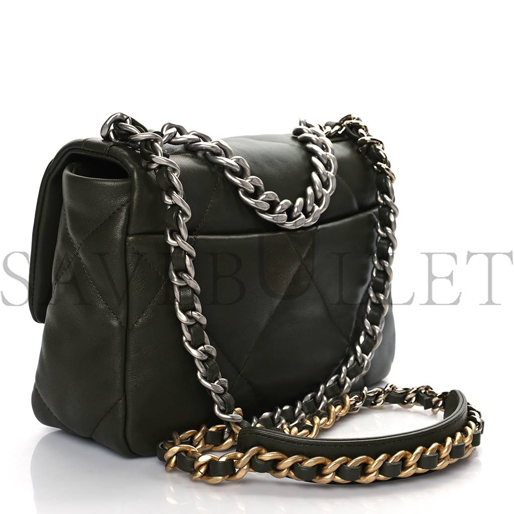 Ch*el lambskin quilted medium Ch*el 19 flap khaki silver hardware (25*17*8cm)