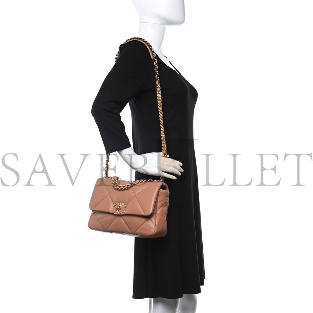 Ch*el lambskin quilted medium Ch*el 19 flap light brown gold hardware (25*17*8cm)