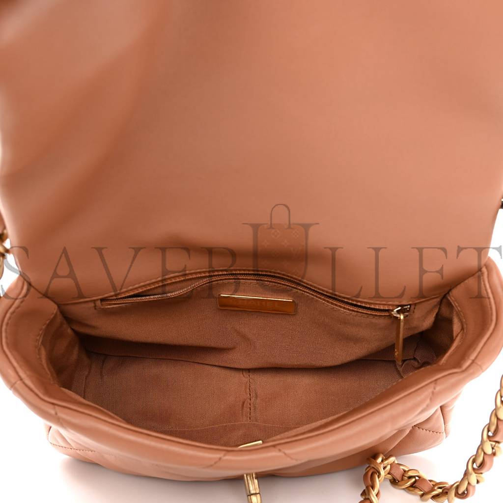 Ch*el lambskin quilted medium Ch*el 19 flap light brown gold hardware (25*17*8cm)