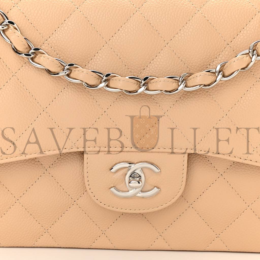 Ch*el caviar quilted jumbo double flap beige silver hardware (30*19*9cm)