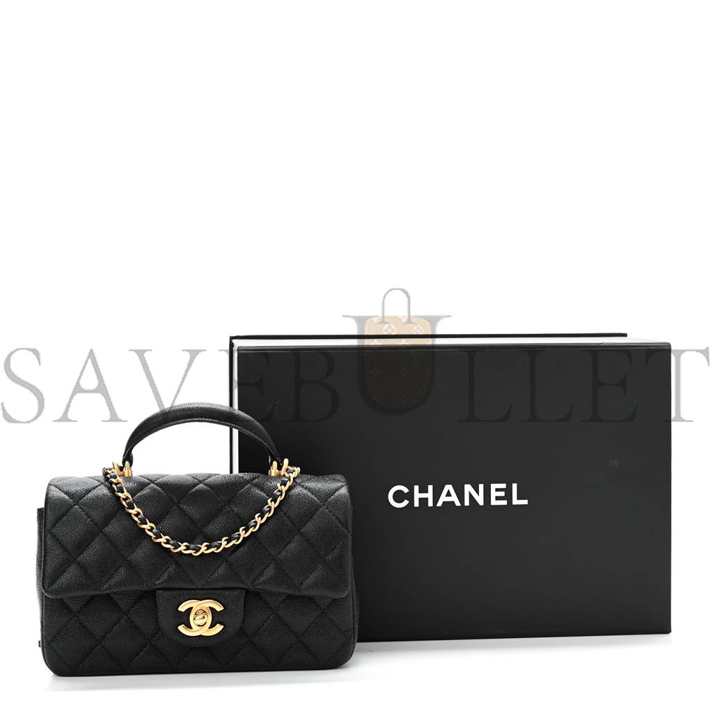 Ch*el caviar quilted mini top handle rectangular flap black gold hardware (20*12*7cm)