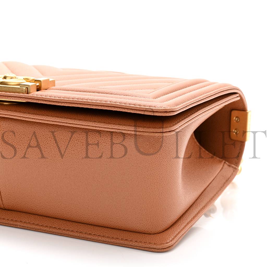 Ch*el caviar chevron quilted medium boy flap brown gold hardware (25*15*6cm)