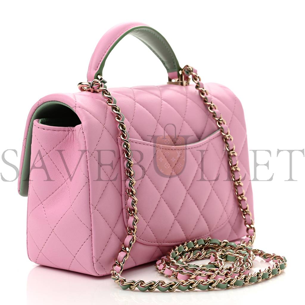 Ch*el lambskin quilted mini top handle rectangular flap lilac light green rose gold hardware (20*12*6cm)