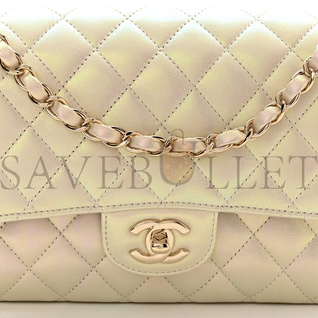 Ch*el iridescent lambskin quilted medium double flap ivory rose gold hardware (25*15*6cm)