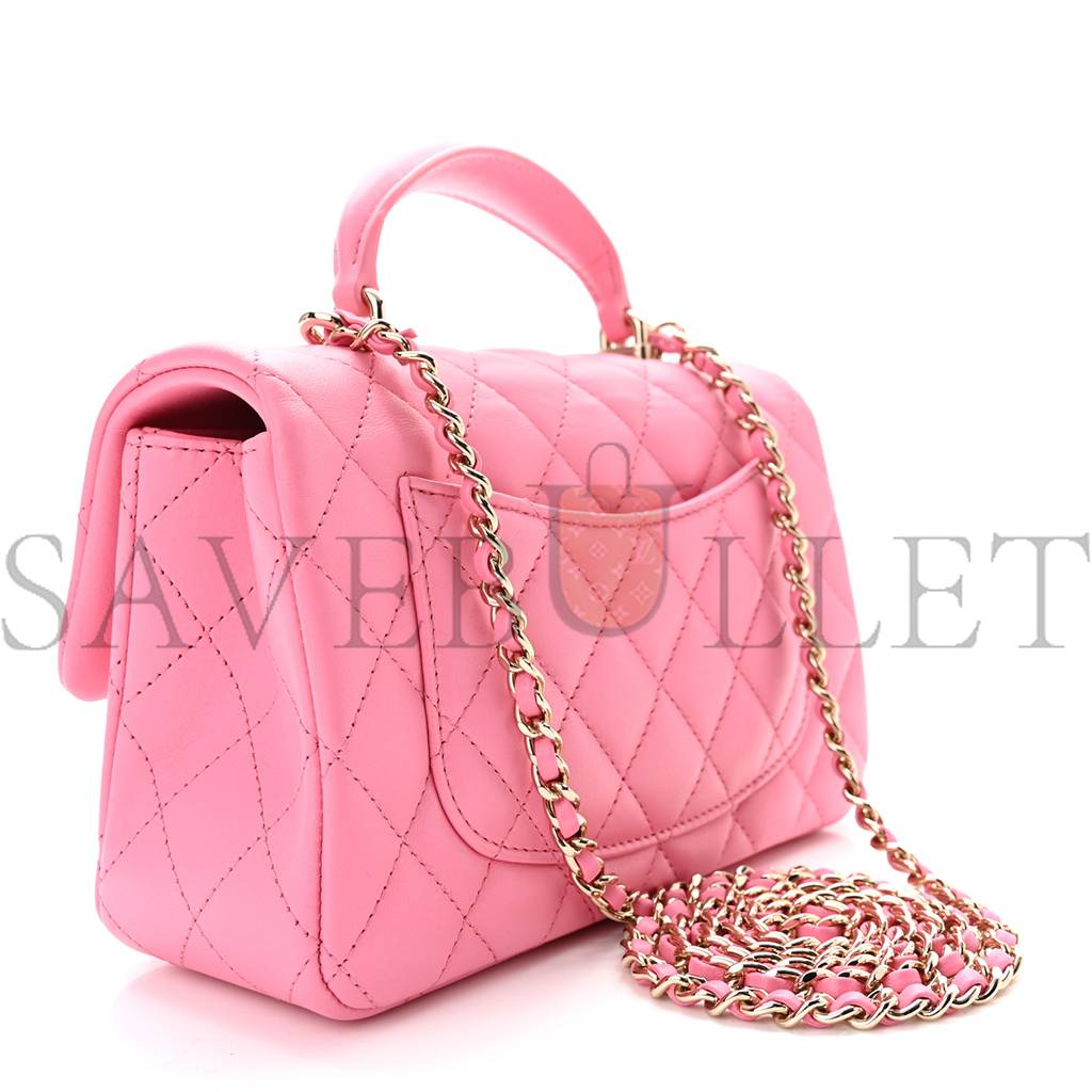 Ch*el lambskin quilted mini top handle rectangular flap pink rose gold hardware (20*12*6cm)