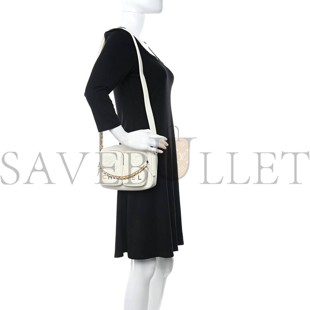 Ch*el calfskin quilted small camera case white gold hardware (21*15*4cm)