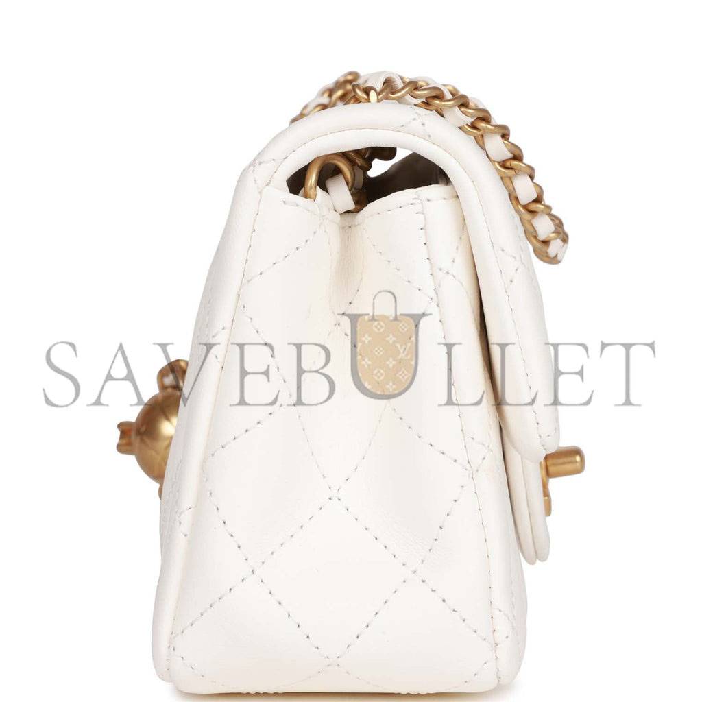 Ch*el pearl crush mini rectangular flap bag white lambskin antique gold hardware (20*13*6cm)