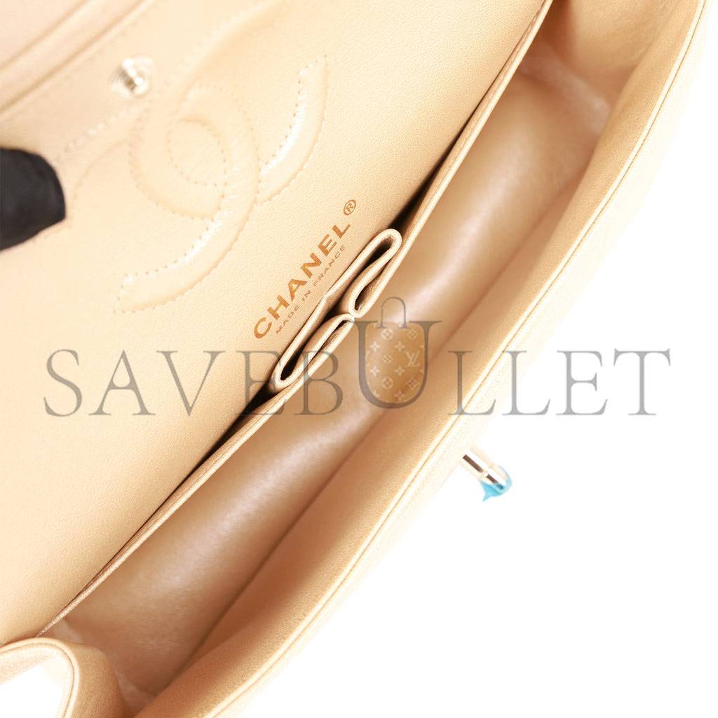 Ch*el medium classic double flap bag beige iridescent caviar light gold hardware (25*15*7cm)