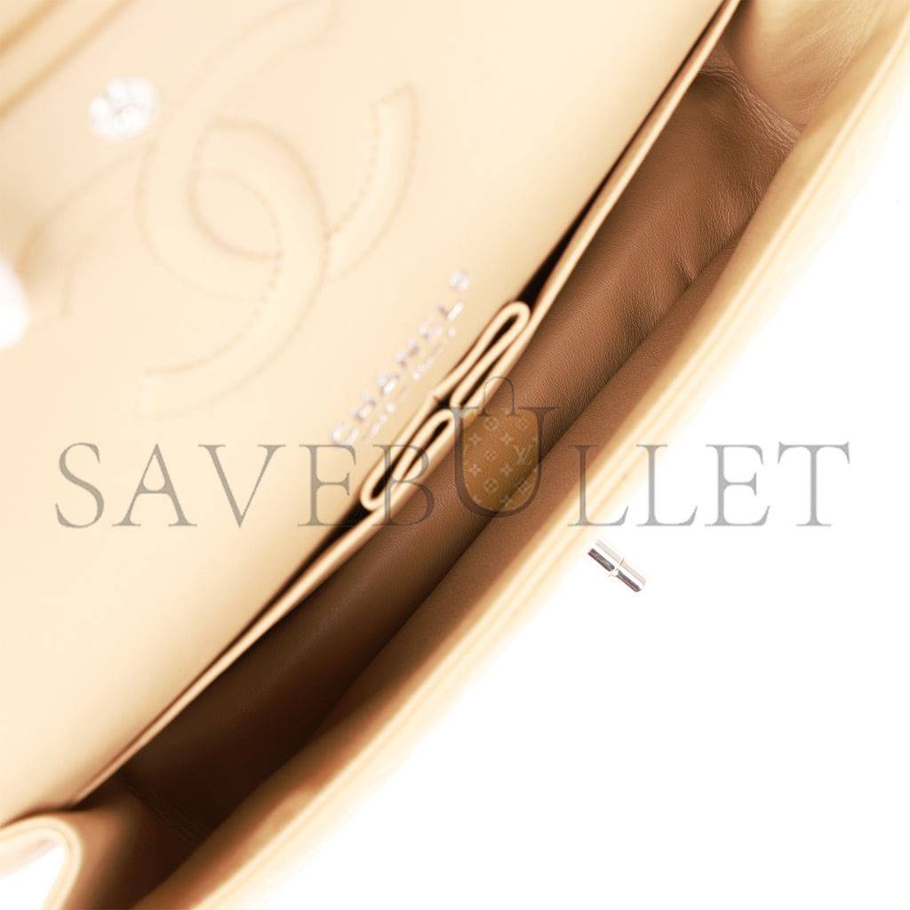 Ch*el medium classic double flap bag beige lambskin silver hardware (25*15*7cm)