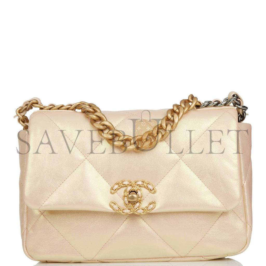 Ch*el medium 19 flap bag rose iridescent calfskin mixed hardware (25*16*9cm)