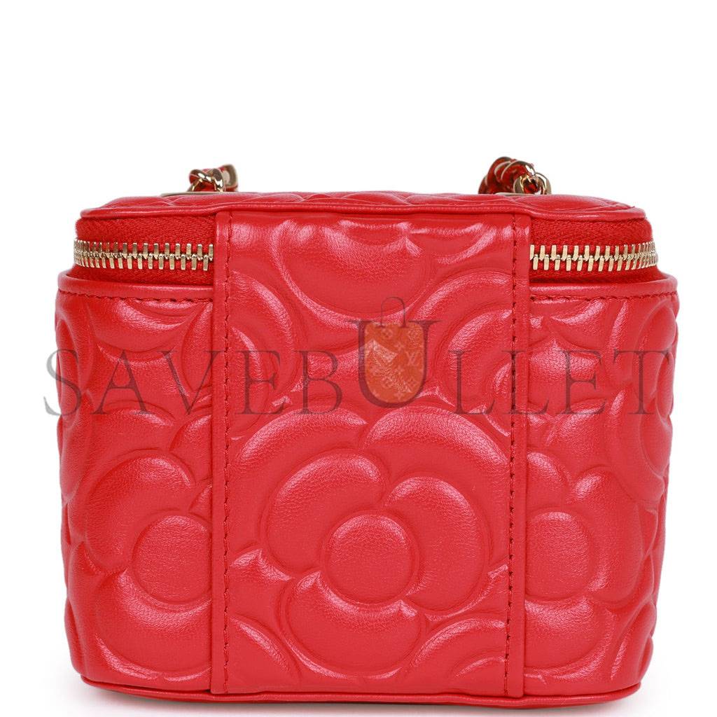 Ch*el camellia mini vanity case red lambskin light gold hardware (11*9*8cm)