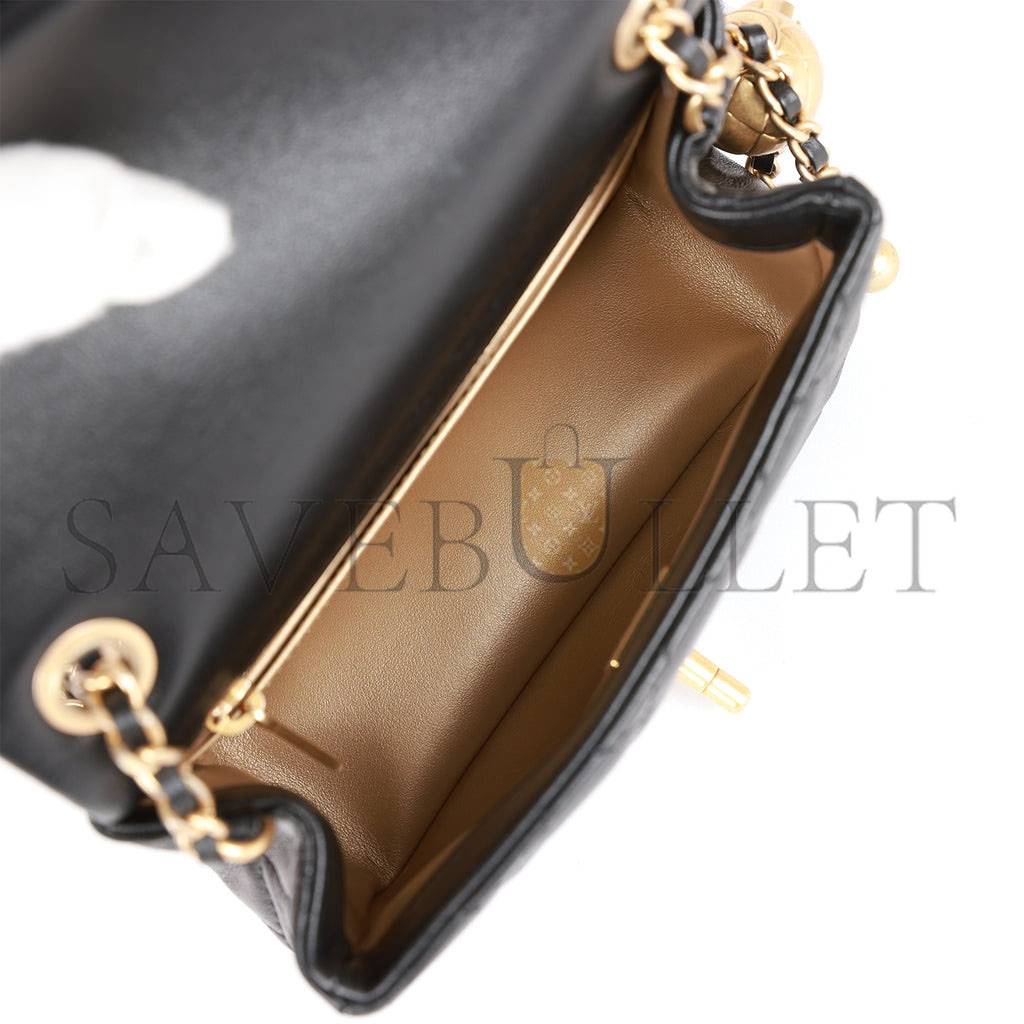 Ch*el pearl crush mini square flap bag black lambskin antique gold hardware (17*14*8cm)