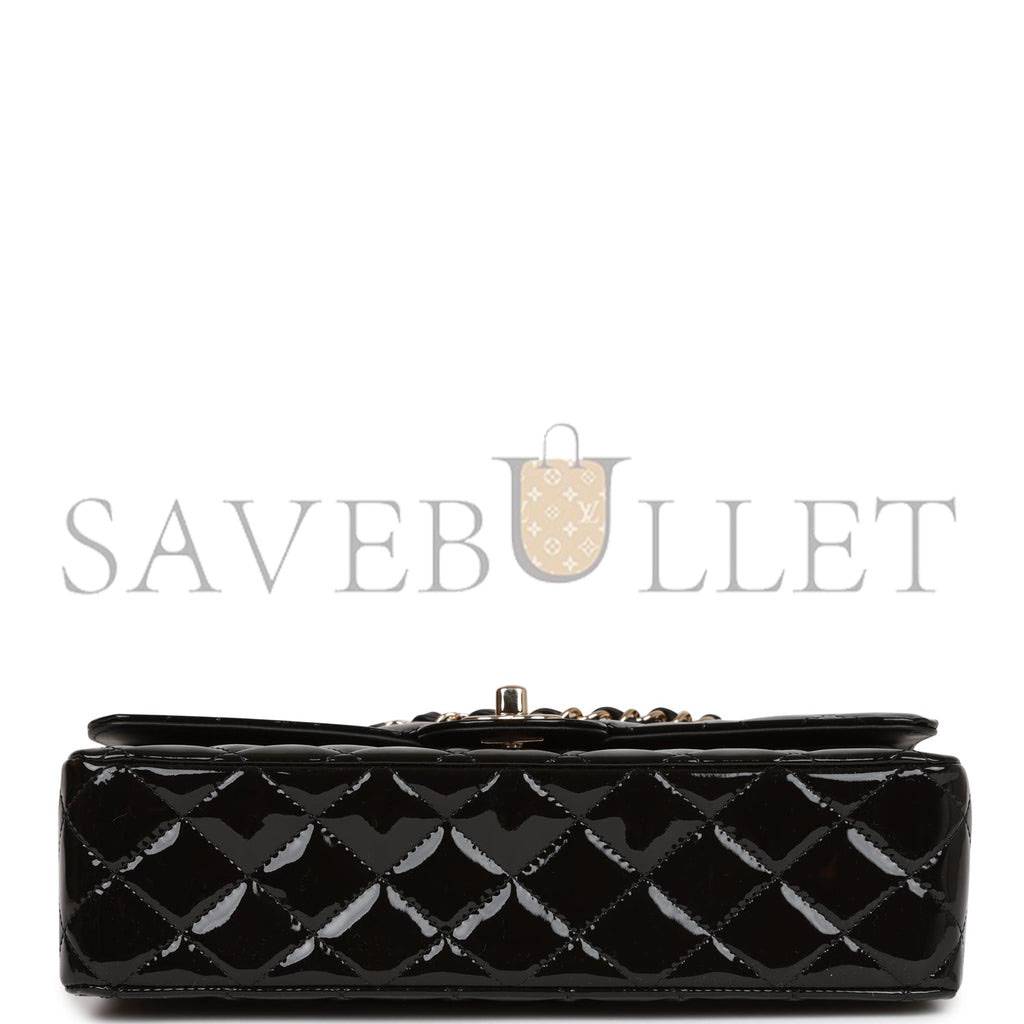 Ch*el medium classic double flap bag black patent light gold hardware (25*15*7cm)