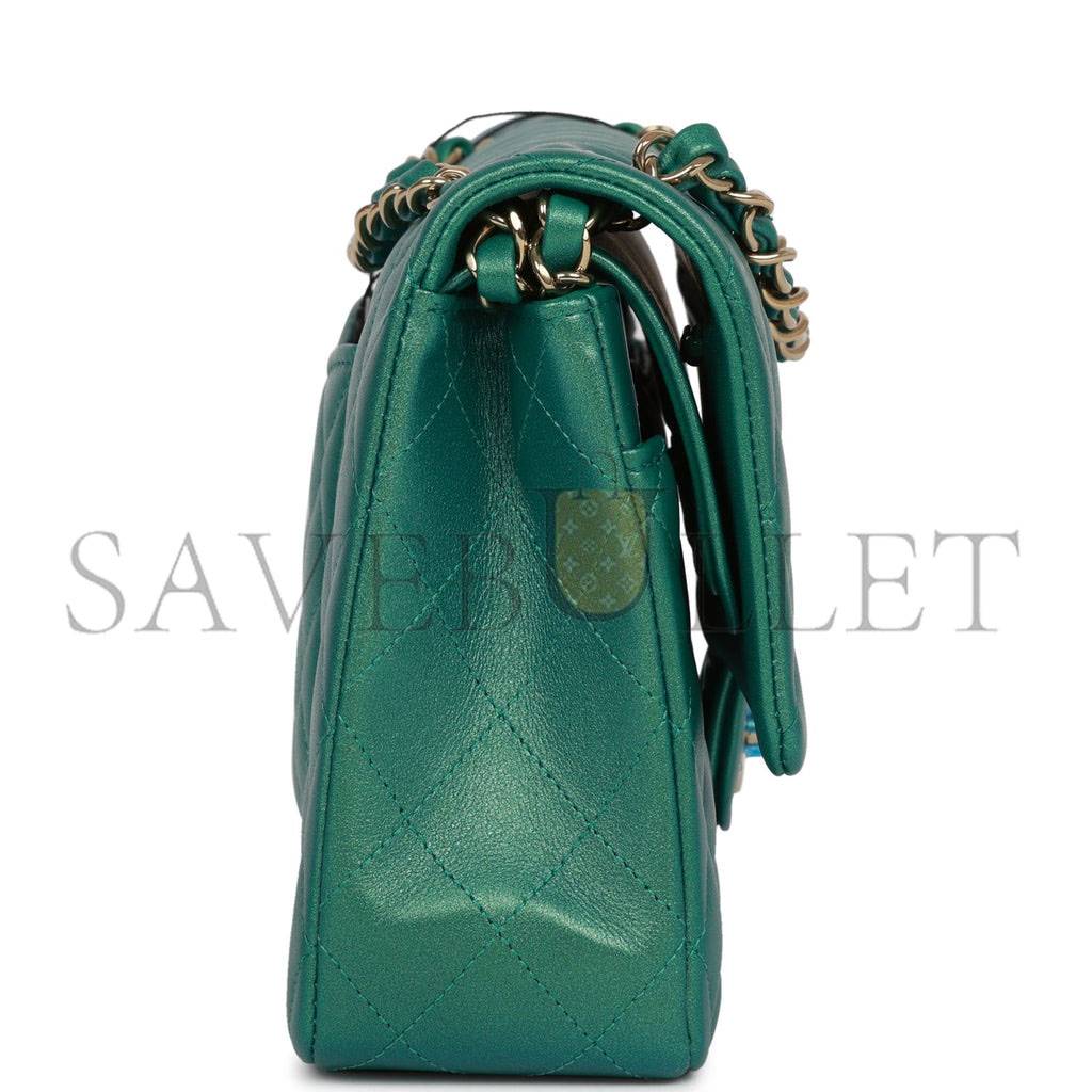 Ch*el medium classic double flap bag green iridescent lambskin light gold hardware (25*15*7cm)