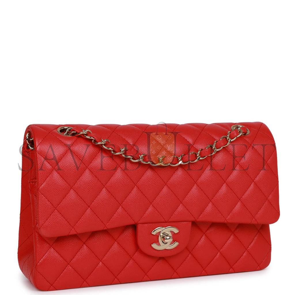Ch*el medium classic double flap bag red caviar light gold hardware (25.5*15.5*6.5cm)