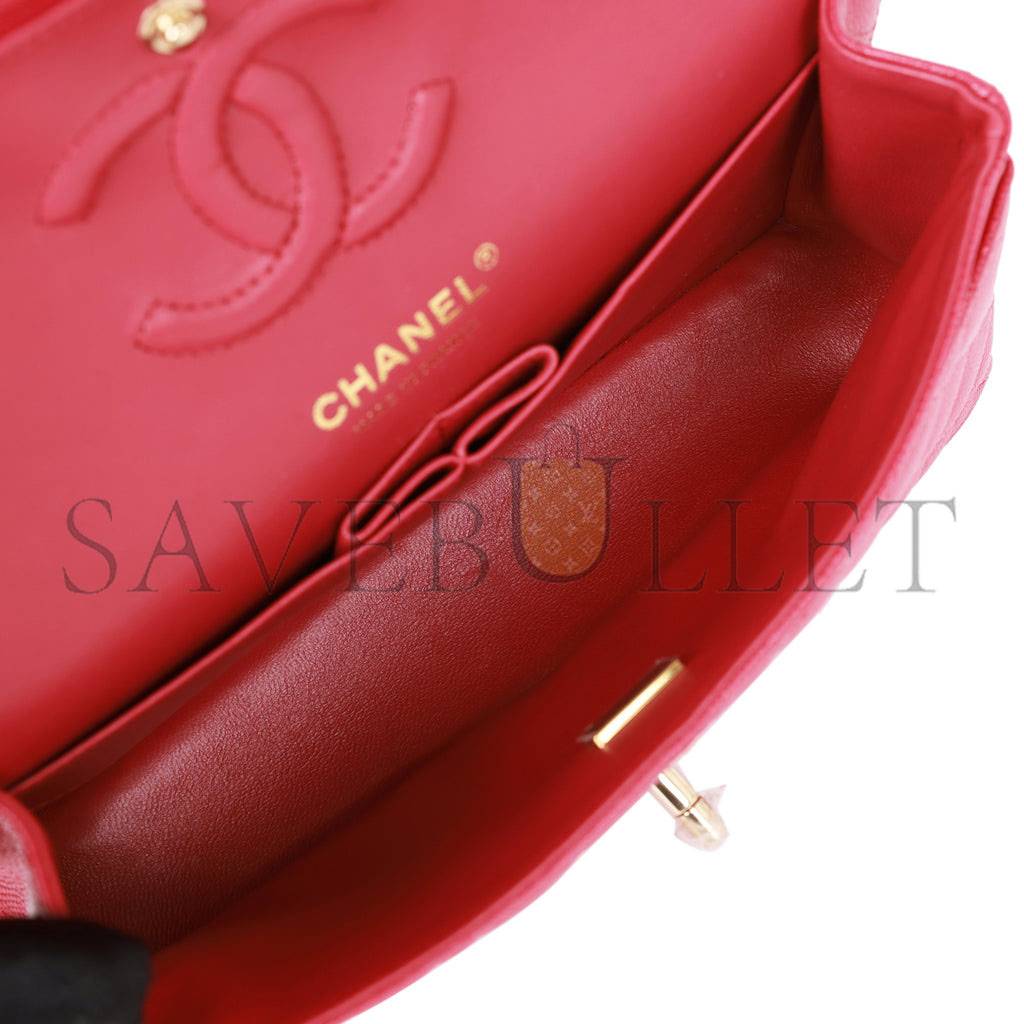 Ch*el small classic double flap dark pink caviar light gold hardware (23*13*6cm)