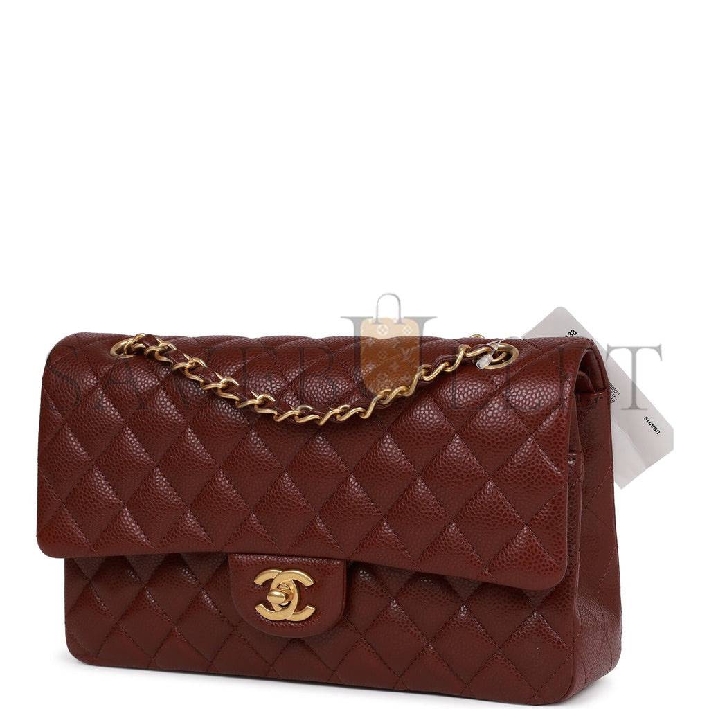Ch*el medium classic double flap bag burgundy caviar antique gold hardware (25*15*7cm)